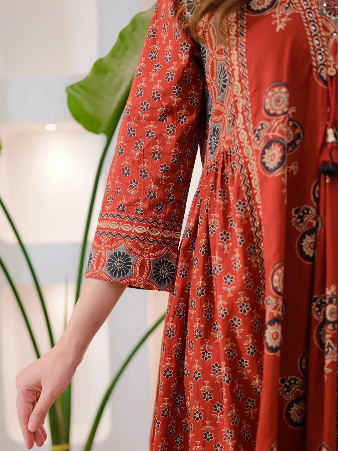 Rust Brown Cotton Ajrakh Printed Kurta Set with Dupatta