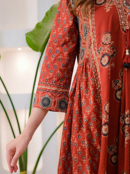 Rust Brown Cotton Ajrakh Printed Kurta Set with Dupatta