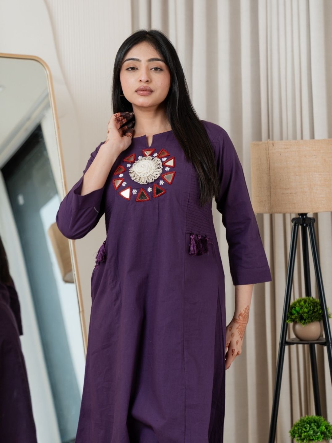 Plum Purple Dabu Cotton A-Line Kurta Set with Handcrafted Mirror Work Embroidery
