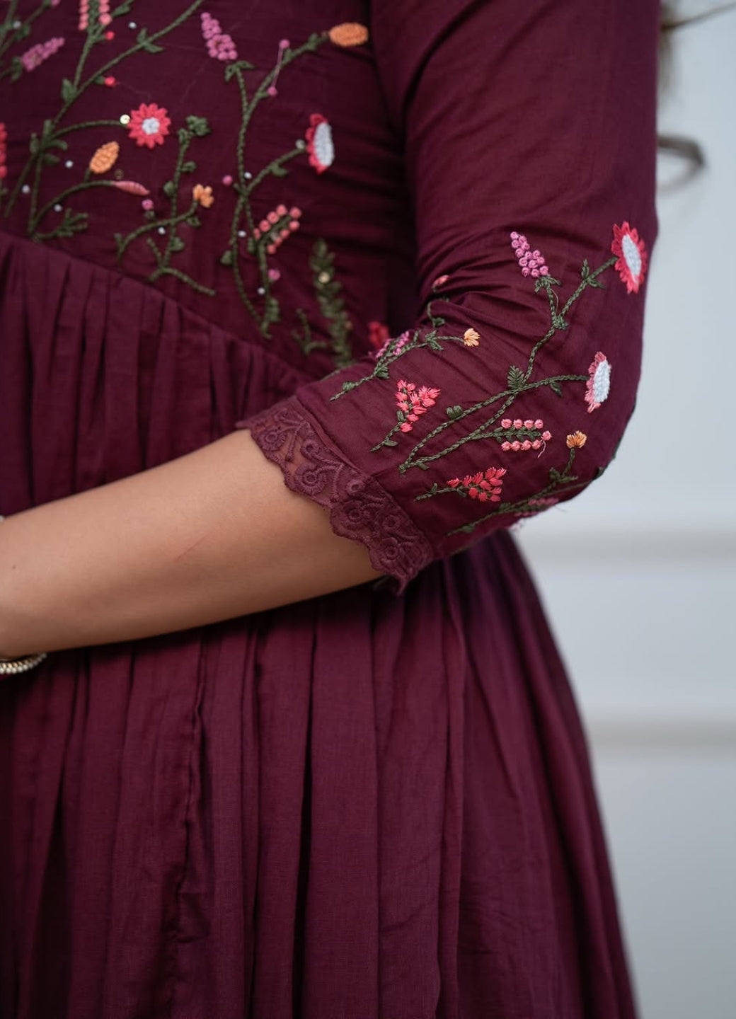 Wine Cotton Embroidered Anarkali Suit Set for Women with Dupatta