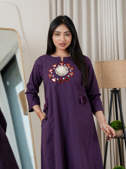 Plum Purple Dabu Cotton A-Line Kurta Set with Handcrafted Mirror Work Embroidery