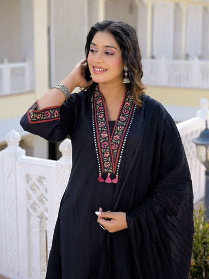 Black Premium Cotton Kurta Set with Handworked Embroidered Neckline