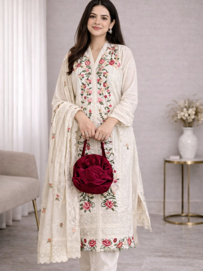 Cream Cotton Kurta Set with Schiffli Work Embroidery – Festive & Casual Wear
