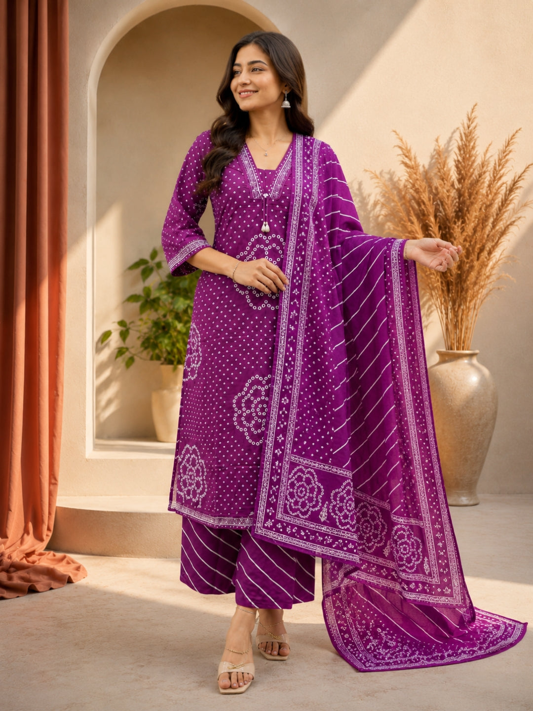 Royal Purple Cotton Bandhej Suit Set with Printed Dupatta – Ethnic Wear