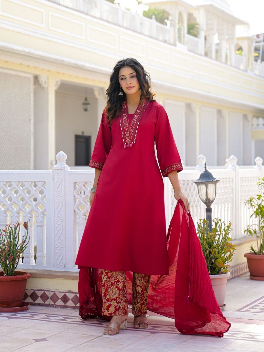 Deep Red Premium Cotton Kurta Set with Handworked Embroidered Neckline