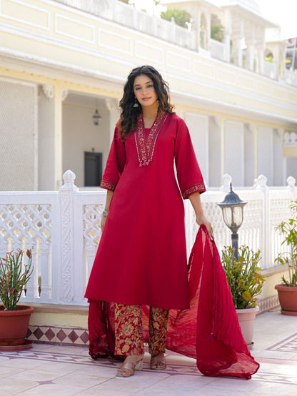 Deep Red Premium Cotton Kurta Set with Handworked Embroidered Neckline