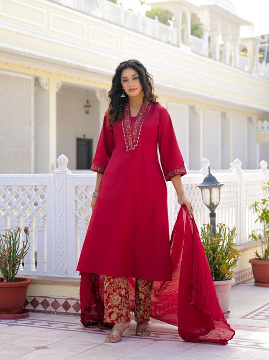 Deep Red Premium Cotton Kurta Set with Handworked Embroidered Neckline