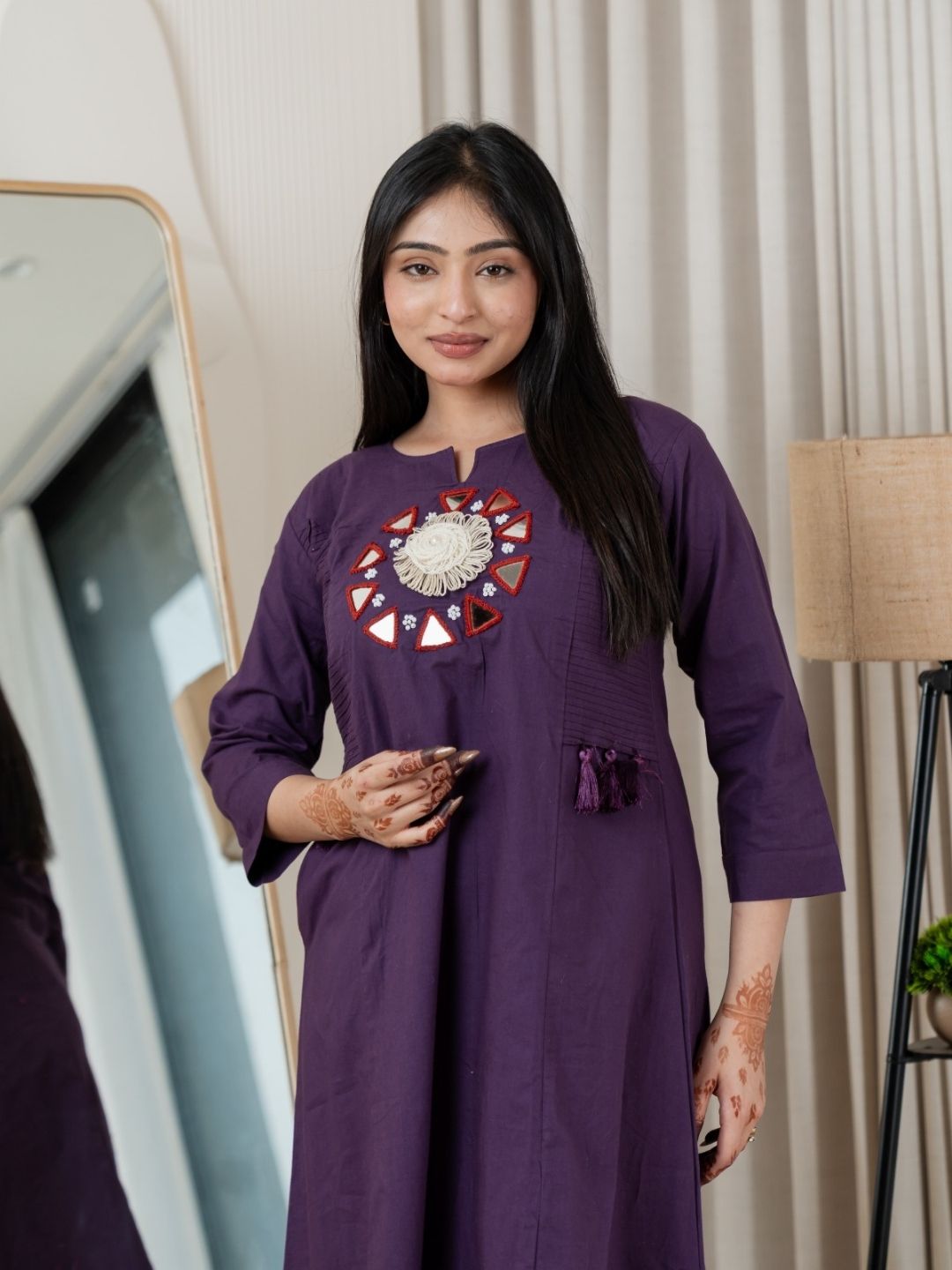 Plum Purple Dabu Cotton A-Line Kurta Set with Handcrafted Mirror Work Embroidery