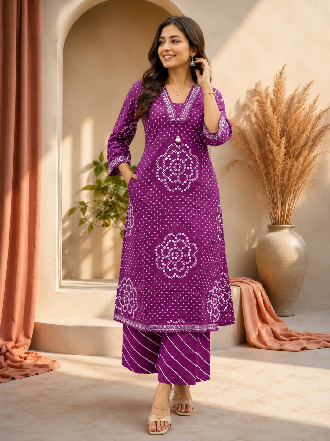 Royal Purple Cotton Bandhej Suit Set with Printed Dupatta – Ethnic Wear