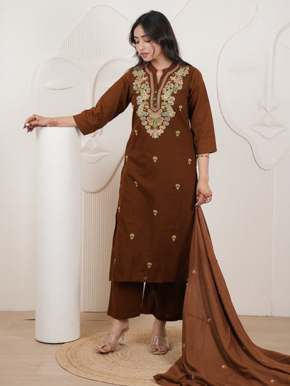 Brown Embroidered Cotton Flex Kurta Palazzo Set with Dupatta