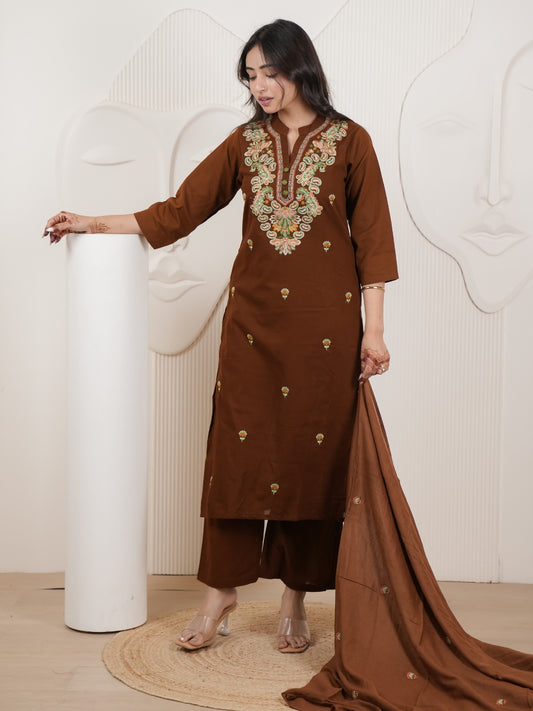 Brown Embroidered Cotton Flex Kurta Palazzo Set with Dupatta