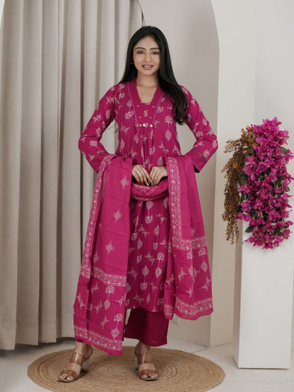 Rani Pink Jaipuri Cotton  A-Line Kurta Set with Ethnic Print