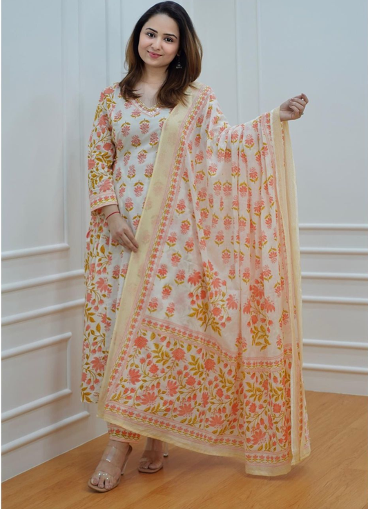 Cream Peach Cotton Afghani Suit Set with Floral Print – Ethnic Wear