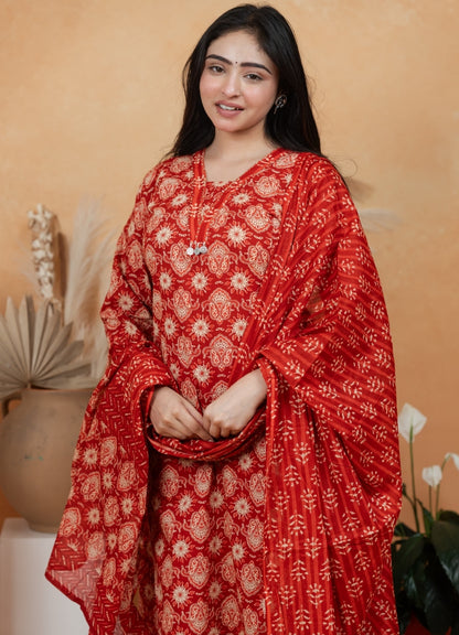 Rust Red Jaipuri Cotton A-Line Suit Set – Daily & Festive Wear