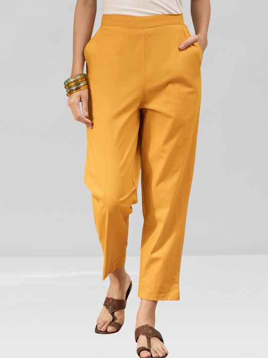 Mustard Cotton Flex Pants with Side Pockets
