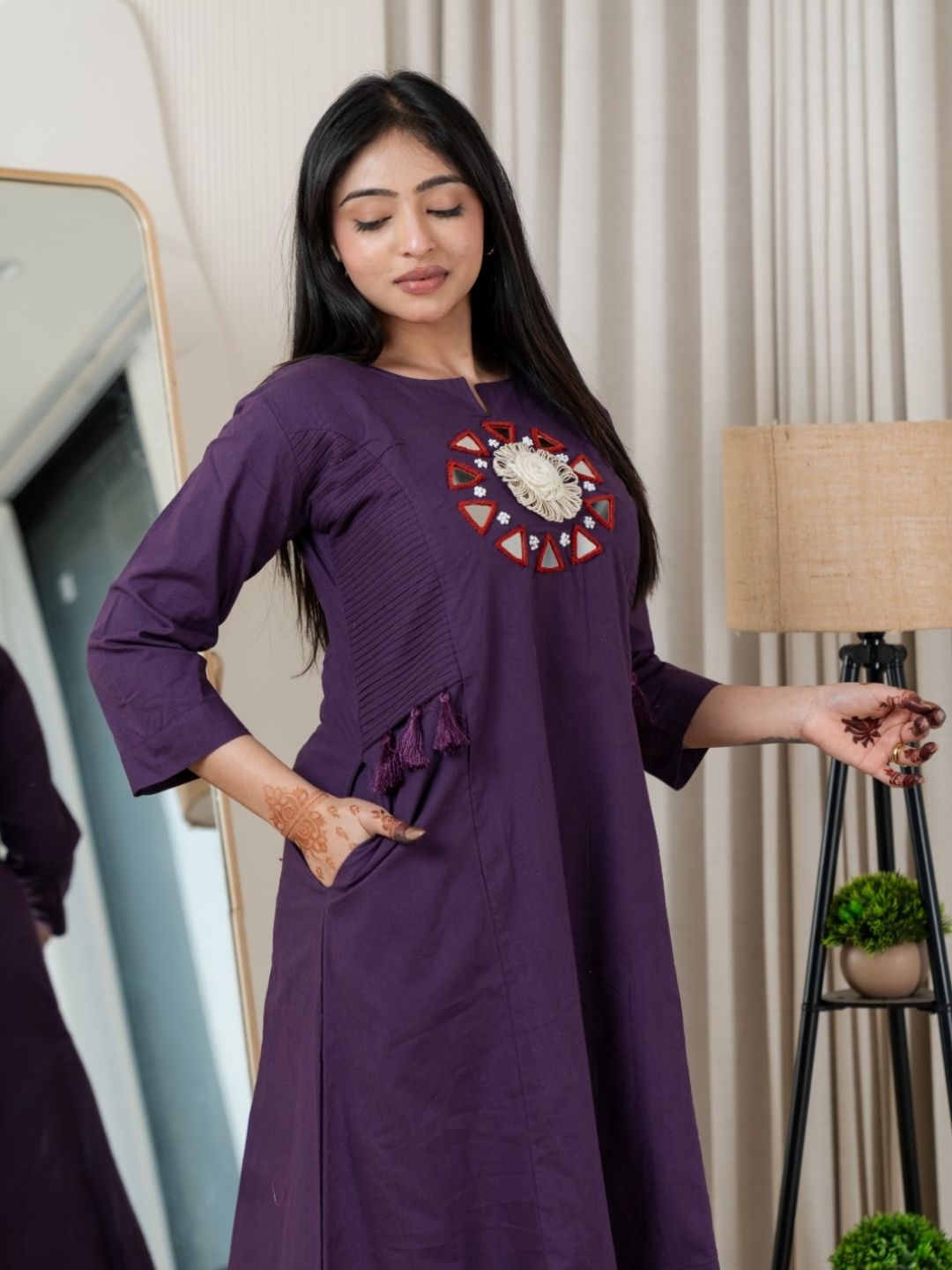 Plum Purple Dabu Cotton A-Line Kurta Set with Handcrafted Mirror Work Embroidery