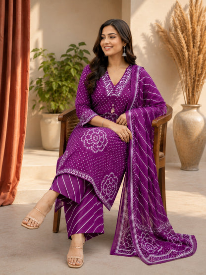 Royal Purple Cotton Bandhej Suit Set with Printed Dupatta – Ethnic Wear