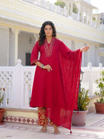 Deep Red Premium Cotton Kurta Set with Handworked Embroidered Neckline