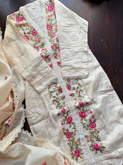 Cream Cotton Kurta Set with Schiffli Work Embroidery – Festive & Casual Wear