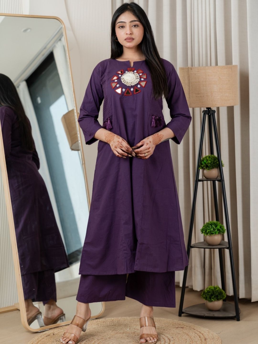 Plum Purple Dabu Cotton A-Line Kurta Set with Handcrafted Mirror Work Embroidery
