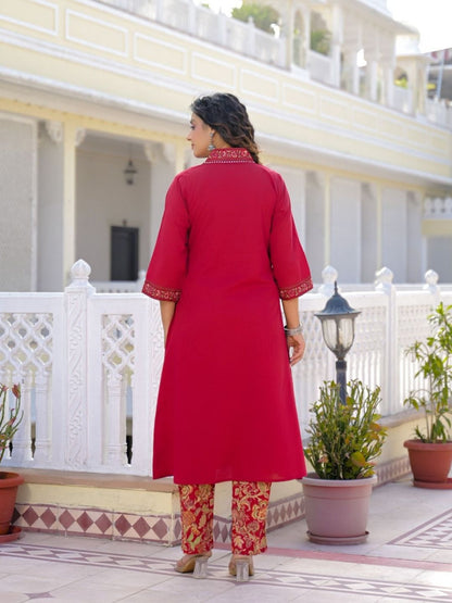 Deep Red Premium Cotton Kurta Set with Handworked Embroidered Neckline