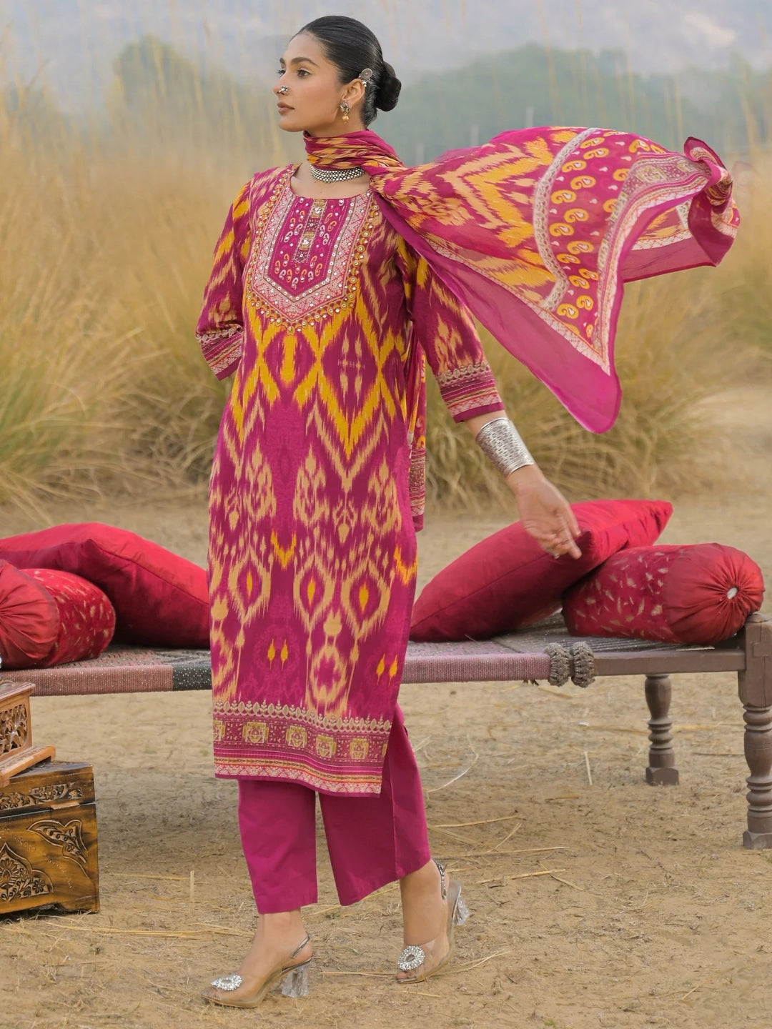 Magenta Cotton Kurta Set with Ikat Print & Embroidered Neckline