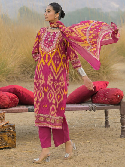 Magenta Cotton Kurta Set with Ikat Print & Embroidered Neckline