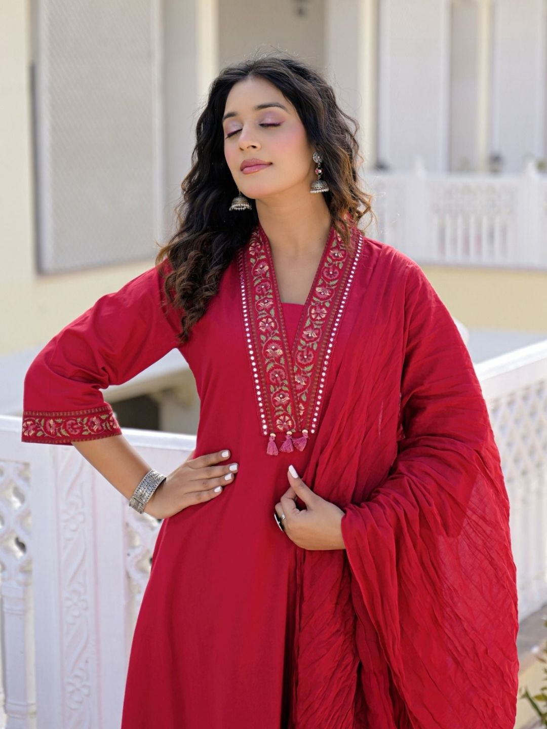 Deep Red Premium Cotton Kurta Set with Handworked Embroidered Neckline
