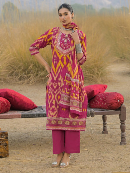 Magenta Cotton Kurta Set with Ikat Print & Embroidered Neckline