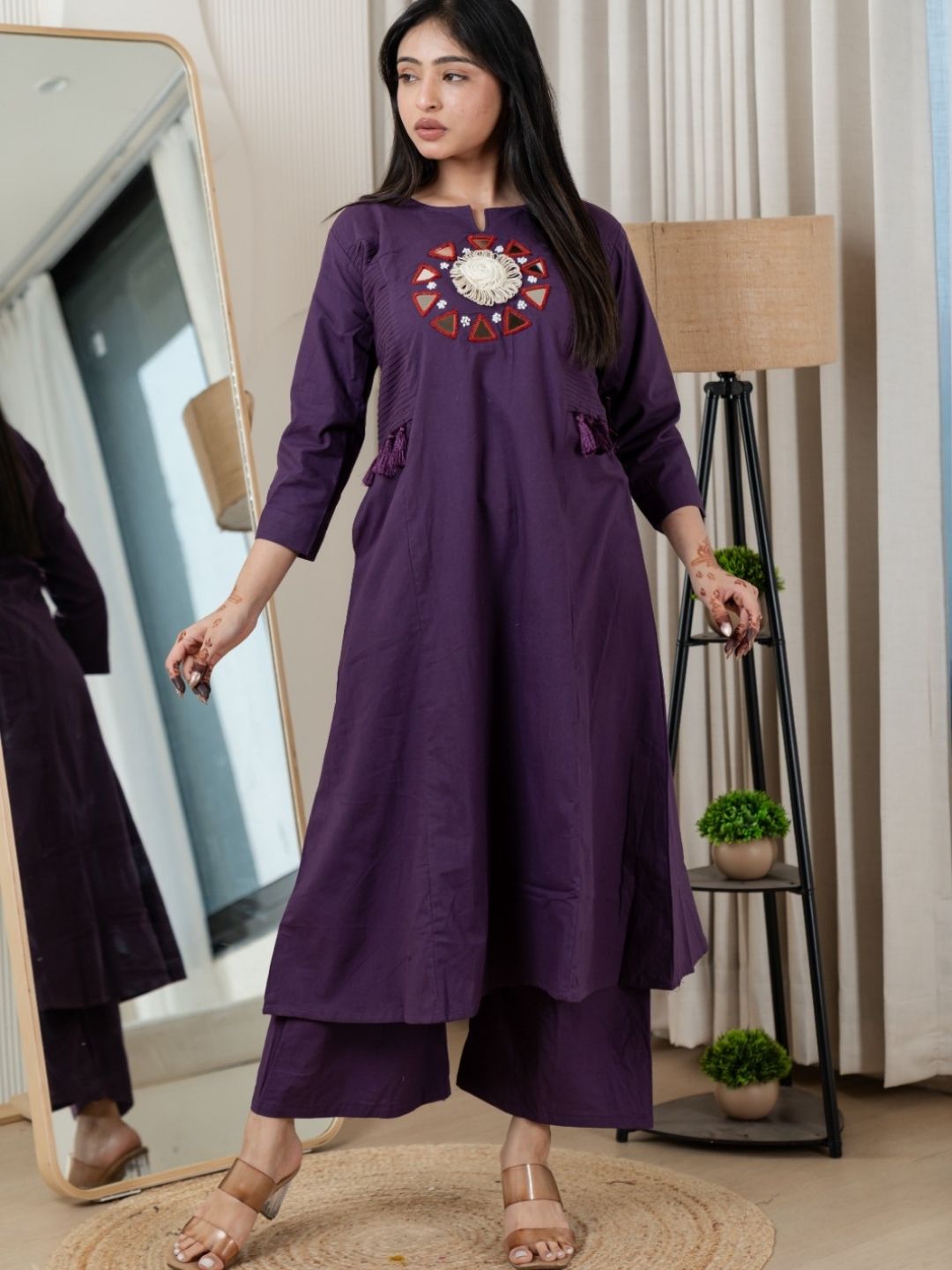 Plum Purple Dabu Cotton A-Line Kurta Set with Handcrafted Mirror Work Embroidery