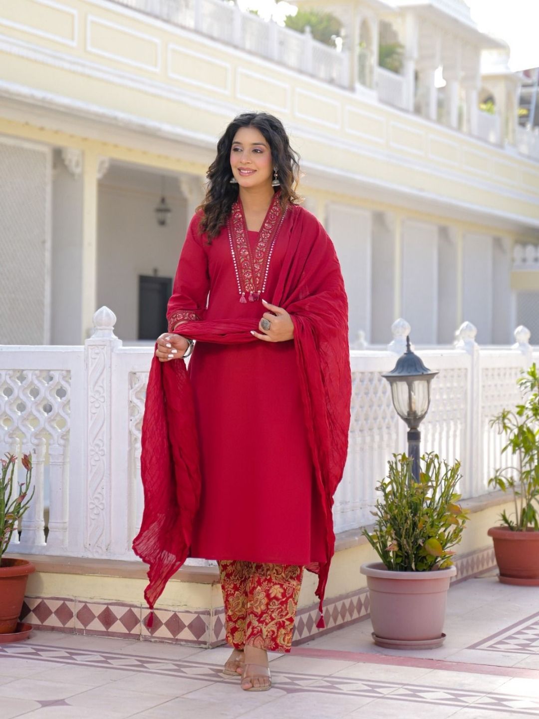Deep Red Premium Cotton Kurta Set with Handworked Embroidered Neckline