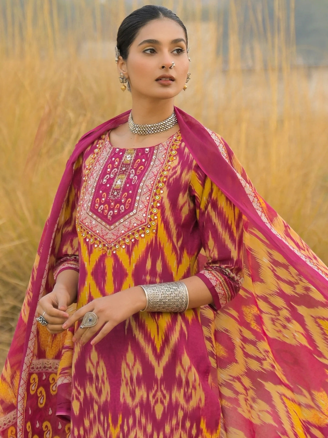 Magenta Cotton Kurta Set with Ikat Print & Embroidered Neckline