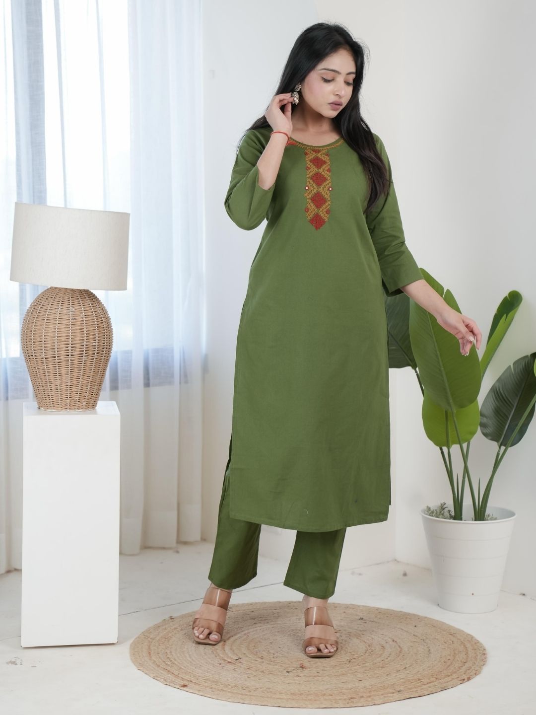 Olive Green Bombay Flex Cotton Straight Kurta Set with Embroidered Yoke