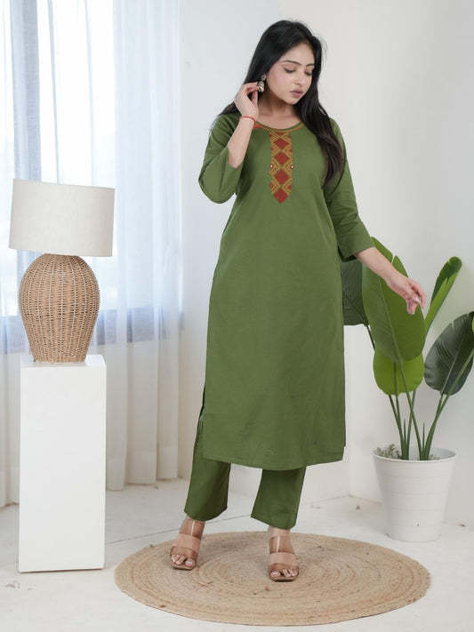 Olive Green Bombay Flex Cotton Straight Kurta Set with Embroidered Yoke