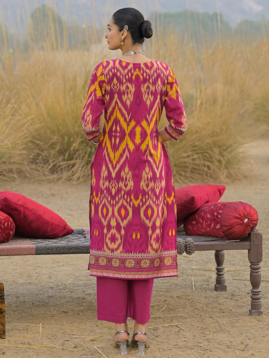 Magenta Cotton Kurta Set with Ikat Print & Embroidered Neckline