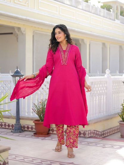 Rani Pink Premium Cotton Kurta Set with Handworked Embroidered Neckline