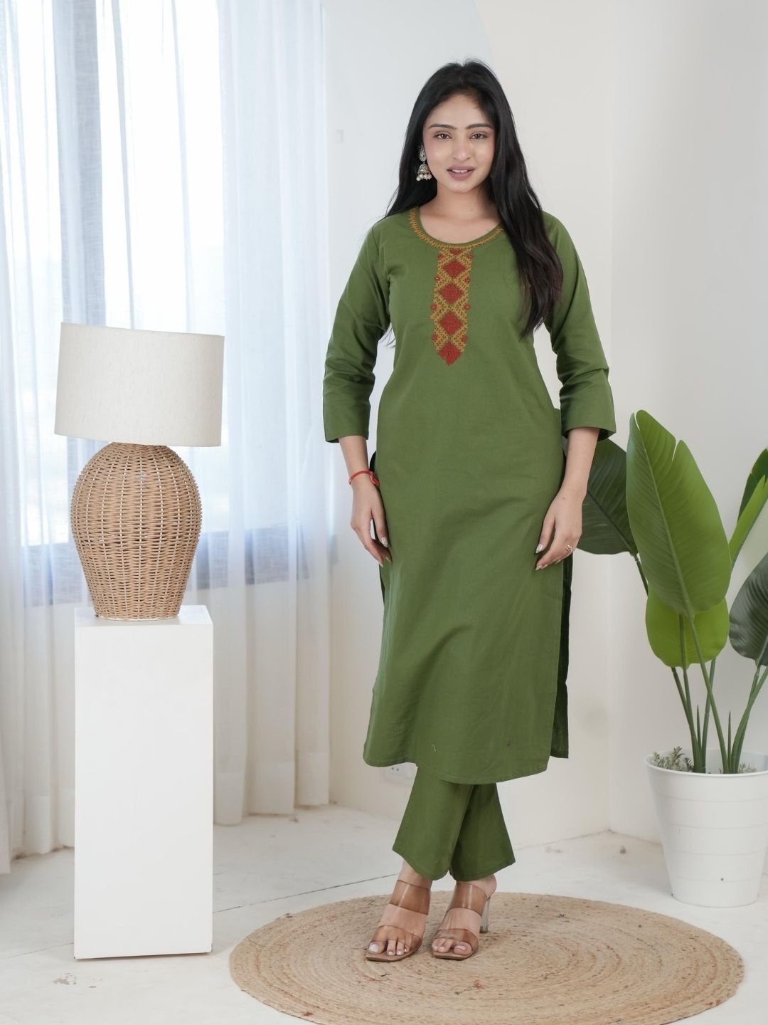 Olive Green Bombay Flex Cotton Straight Kurta Set with Embroidered Yoke
