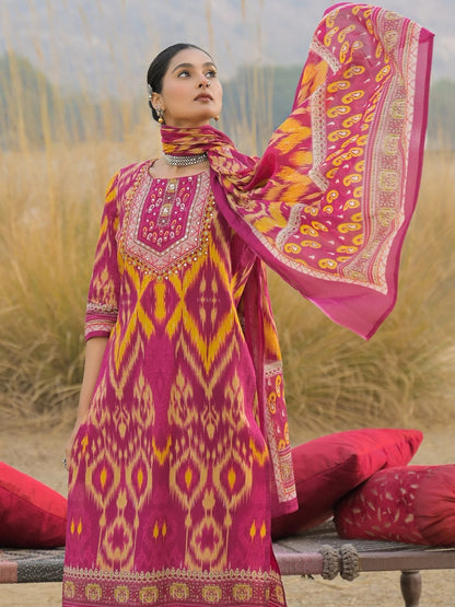 Magenta Cotton Kurta Set with Ikat Print & Embroidered Neckline