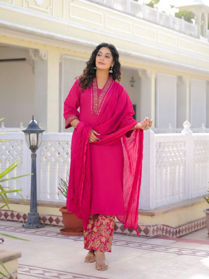 Rani Pink Premium Cotton Kurta Set with Handworked Embroidered Neckline
