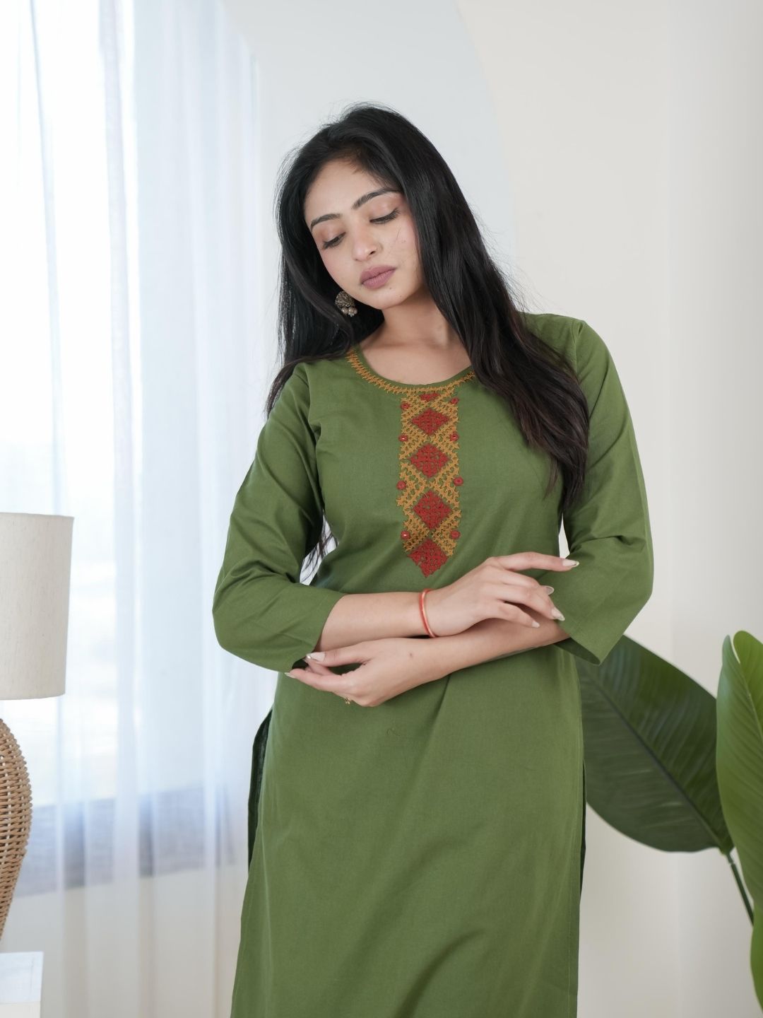Olive Green Bombay Flex Cotton Straight Kurta Set with Embroidered Yoke