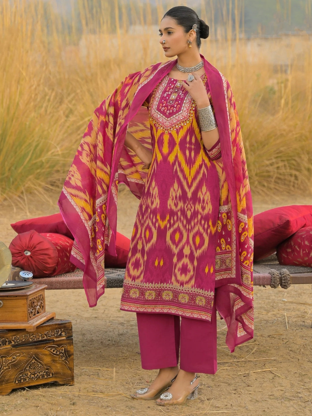 Magenta Cotton Kurta Set with Ikat Print & Embroidered Neckline
