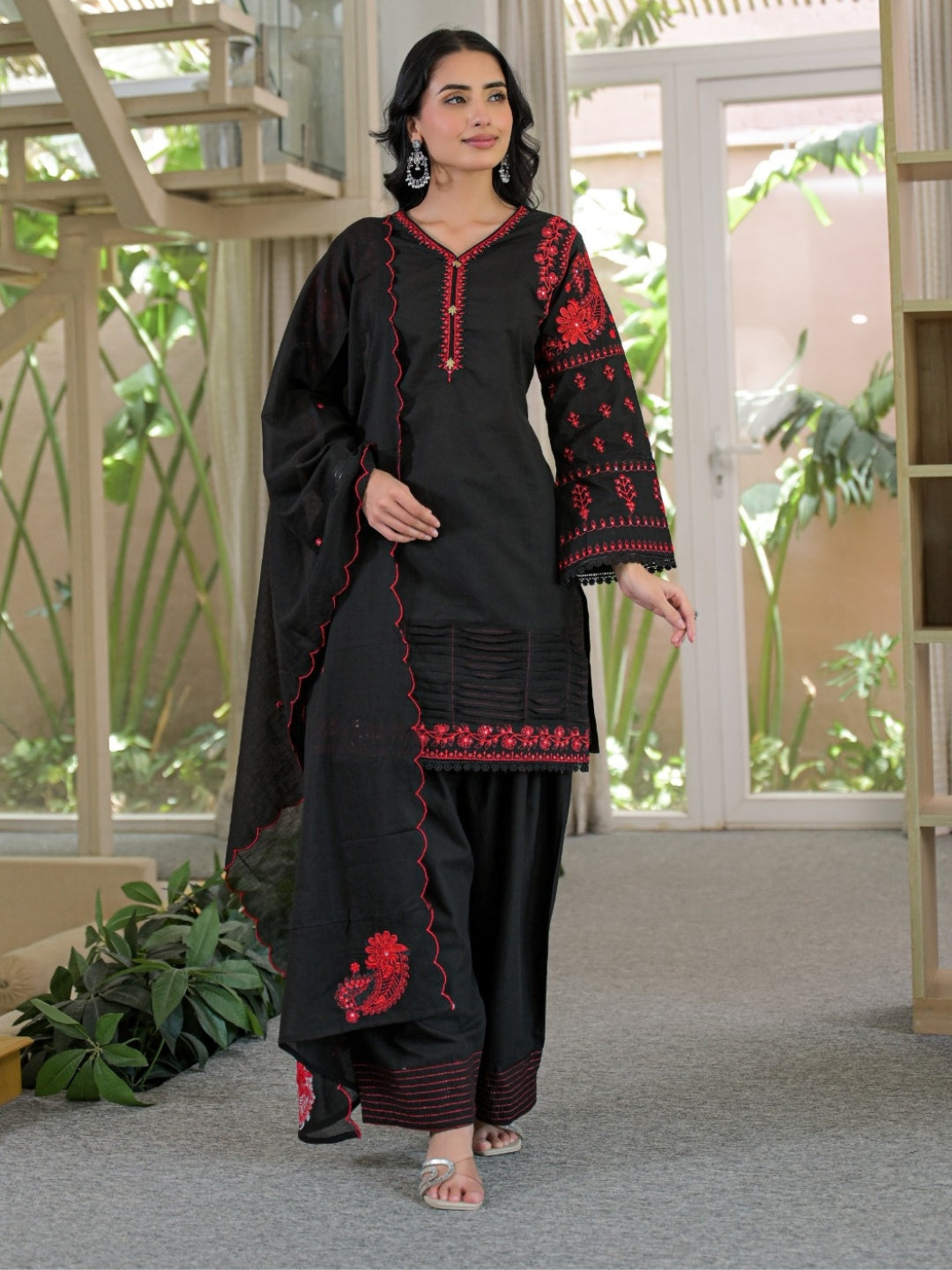Black Pure Cotton Embroidered Kurta with Farsi Salwar & Dupatta Set – Festive Wear