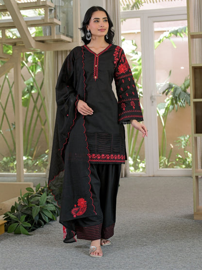Black Pure Cotton Embroidered Kurta with Farsi Salwar & Dupatta Set – Festive Wear
