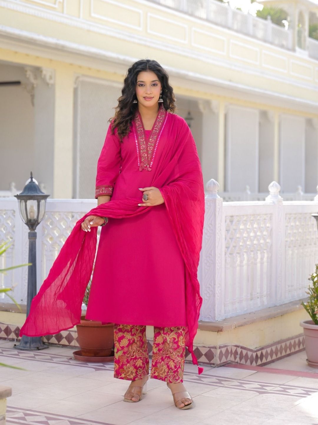 Rani Pink Premium Cotton Kurta Set with Handworked Embroidered Neckline