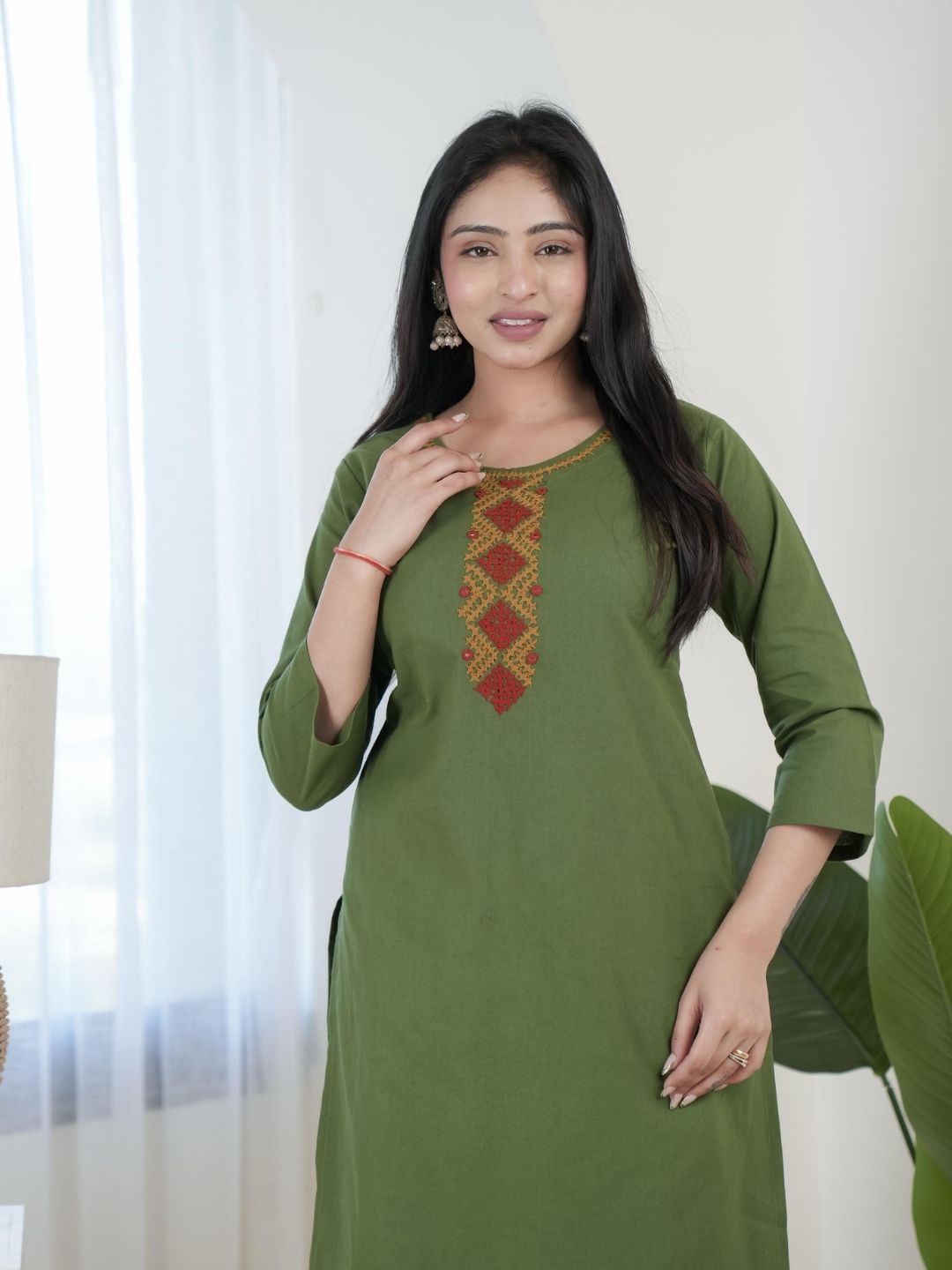Olive Green Bombay Flex Cotton Straight Kurta Set with Embroidered Yoke