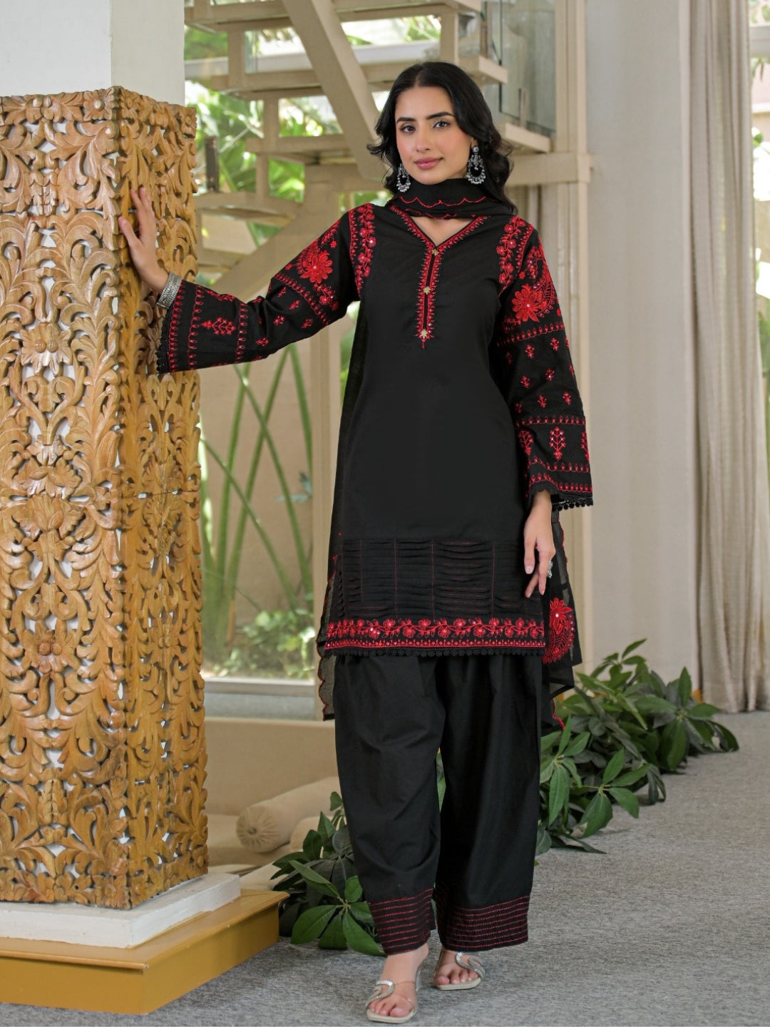 Black Pure Cotton Embroidered Kurta with Farsi Salwar & Dupatta Set – Festive Wear
