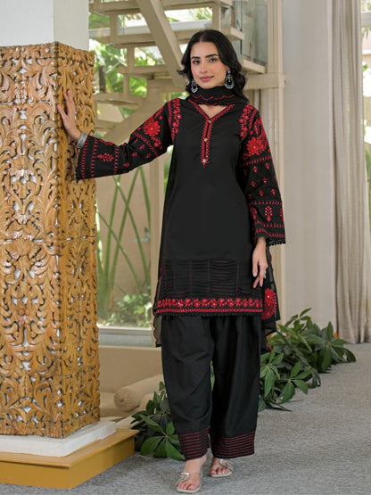 Black Pure Cotton Embroidered Kurta with Farsi Salwar & Dupatta Set – Festive Wear