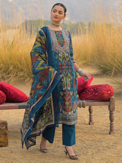 Teal Blue Cotton Kurta Set with Ikat Print & Embroidered Neckline