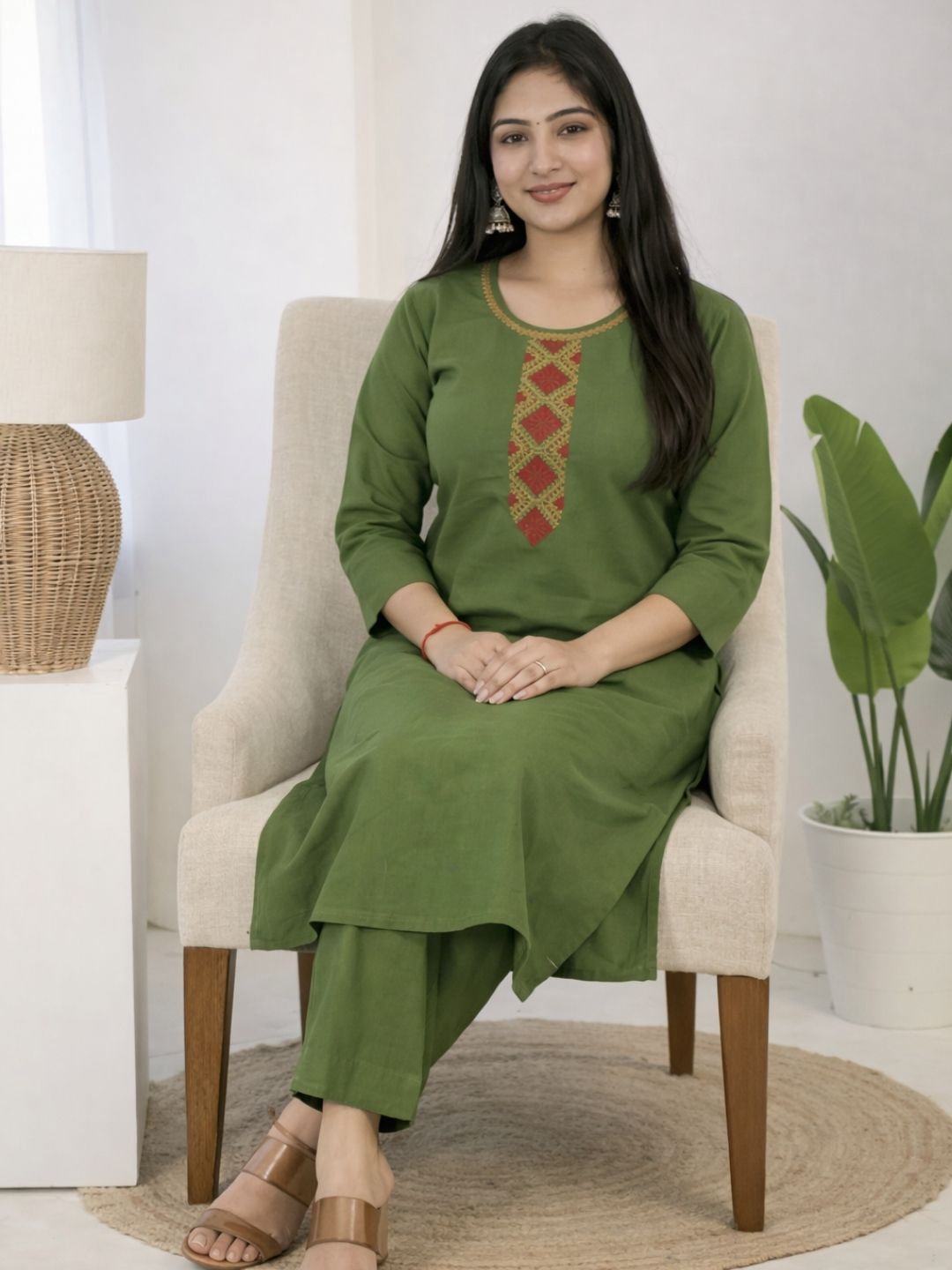 Olive Green Bombay Flex Cotton Straight Kurta Set with Embroidered Yoke