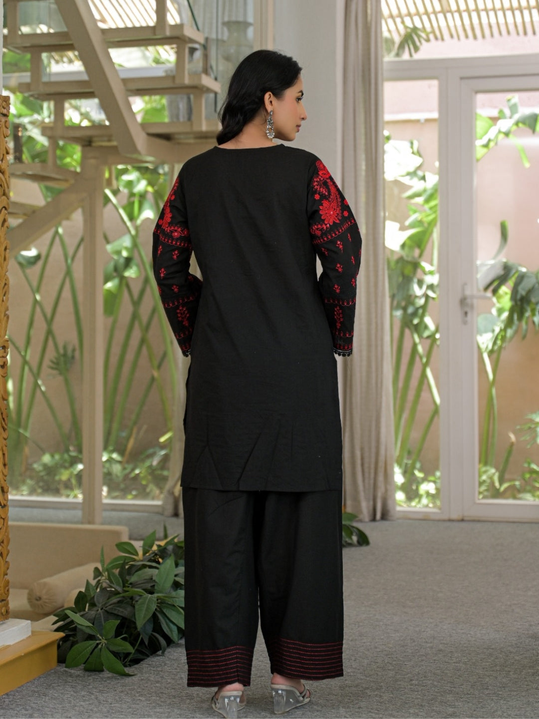 Black Pure Cotton Embroidered Kurta with Farsi Salwar & Dupatta Set – Festive Wear